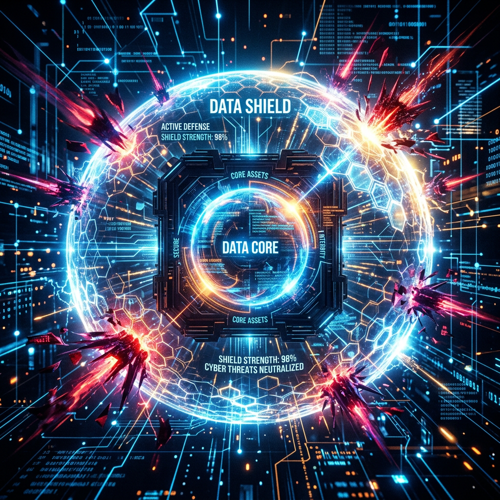 Digital data core protected by glowing blue shield with active defense preventing cyber attacks